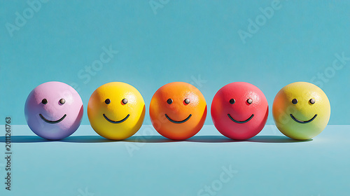 Bright mental health concept with positive emotion symbols representing happiness, wellbeing, resilience, mindfulness, emotional balance and psychological wellness