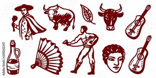 Foto spanish culture icons red silhouettes on white background