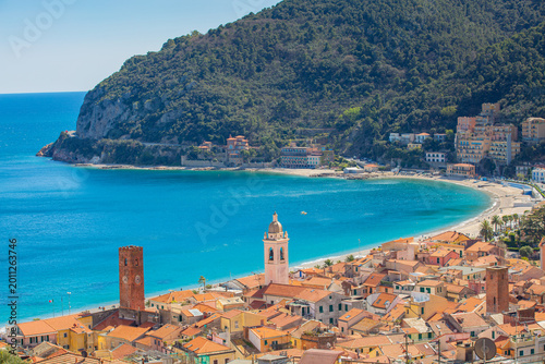  Aerial panoramic view of Noli, Liguria, province of Savona, Italy. Riviera dei Fiori. Fishermen's Beach. Maritime Republic