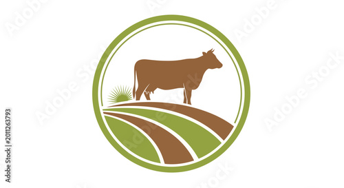 Cattle farming logo with cow on green field.