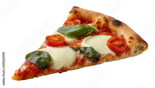 Fotografía Delicious slice of pizza Margherita with fresh basil and cherry tomatoes, isolat
