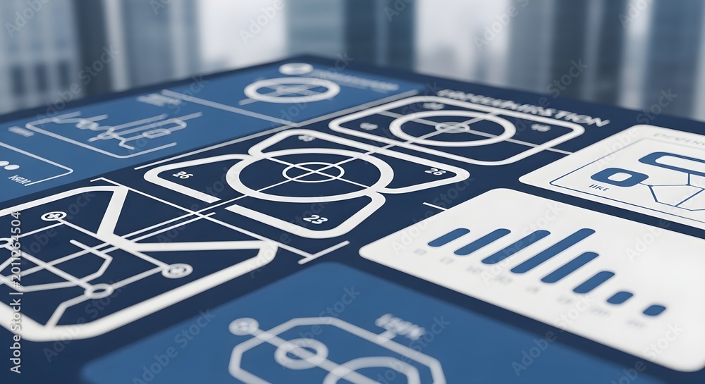 Obraz premium Futuristic digital interface with charts, graphs, and schematics on a blue background with city skyline bokeh