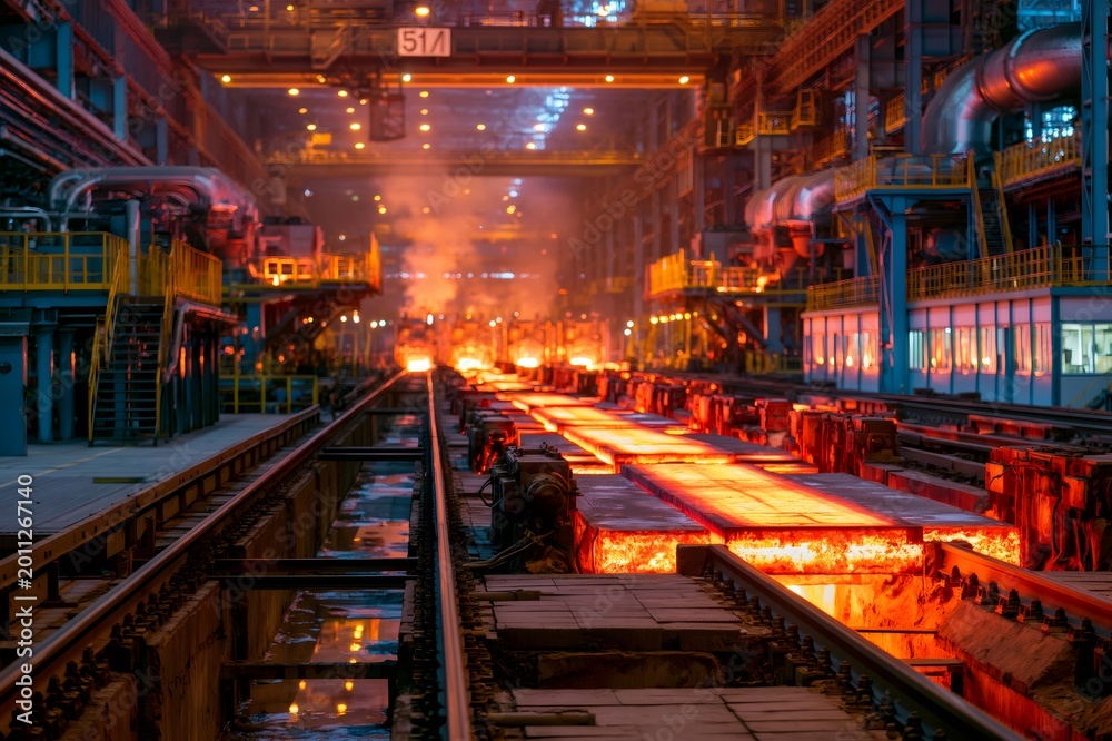Obraz premium Hot steel ingots moving along production line in metallurgy factory