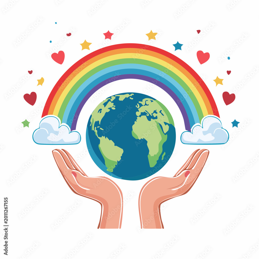 Fototapeta premium Hands Holding Earth Under Rainbow with Stars and Hearts