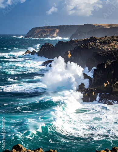 Ocean waves crashing on rocky coastline.