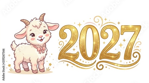 Cute baby goat with bow beside glittering gold 2027 for new year celebration