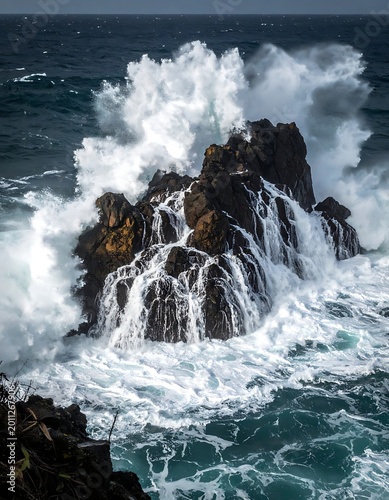 Ocean waves crashing on rocky shoreline.