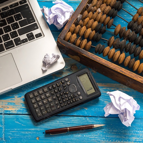Office supplies on blue wooden desk.