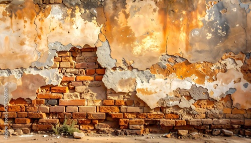 old brick wall with peeling paint.