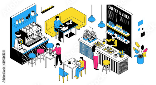 Isometric illustration of a modern coffee shop interior with baristas and customers enjoying drinks and working, featuring minimalist design and vibrant colors.