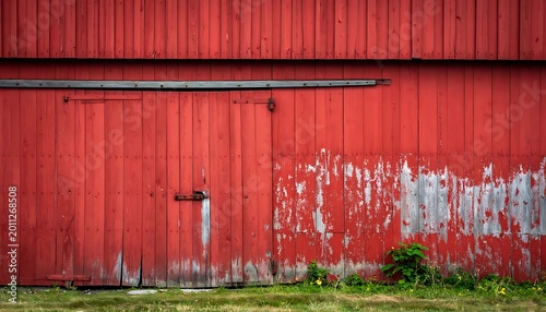 old red barn door with peeling paint.