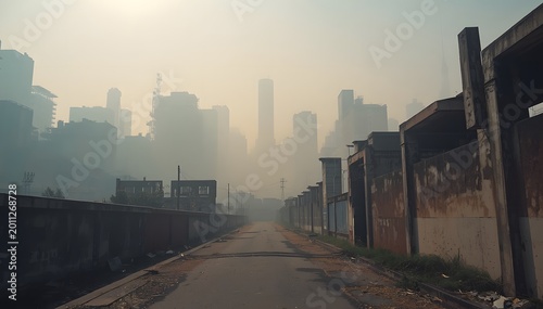 A desolate urban canyon engulfed in a thick blanket of grey particulate matter and suffocating industrial smog.