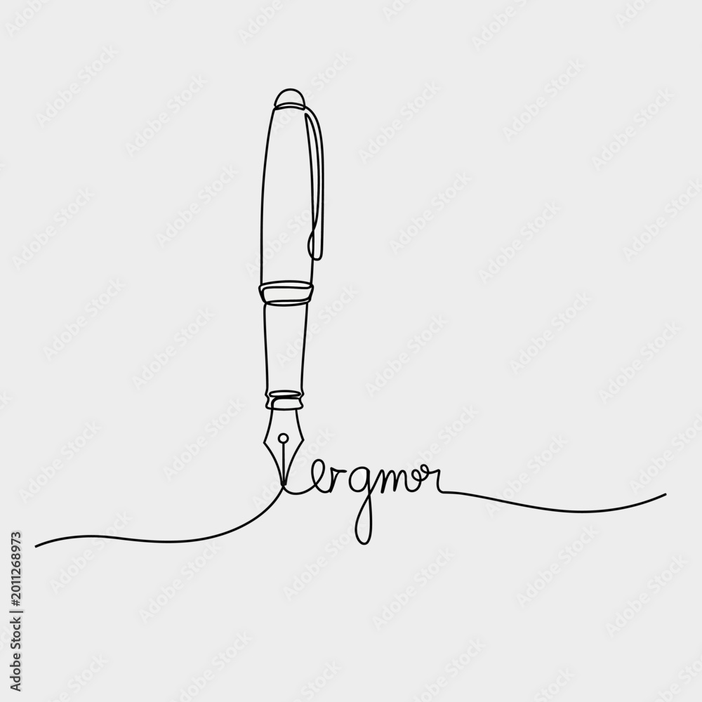 Obraz premium Continuous line drawing of a fountain pen creating elegant script on a simple background.