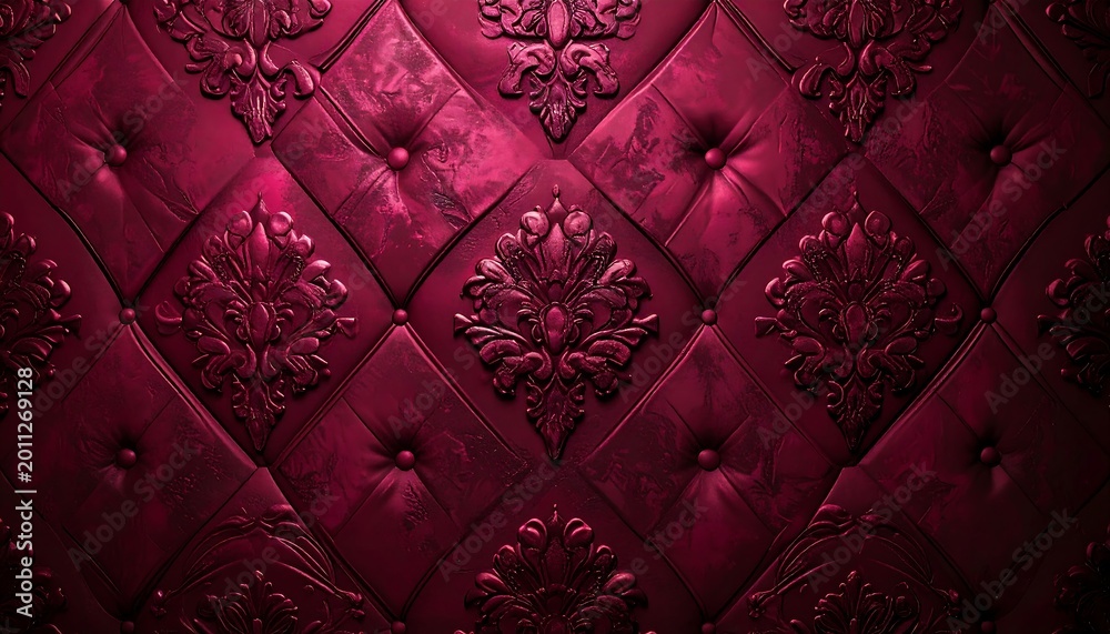 Fototapeta premium Ornate Burgundy Tufted Leather Wall Panel Displayed As Elegant Vintage Background