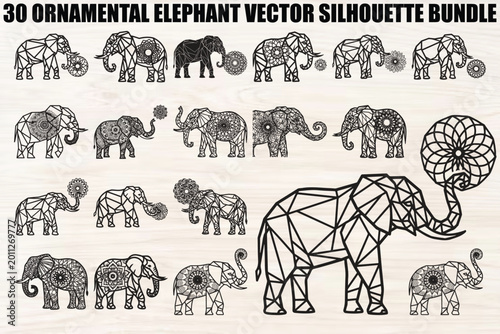 Ornamental Elephant Vector Silhouettes, Geometric Patterns, Black Illustrations, 30 Piece Bundle
