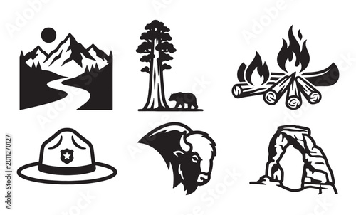 Canvas Print National Park and Wilderness Adventure Icon Set with Buffalo and Campfire