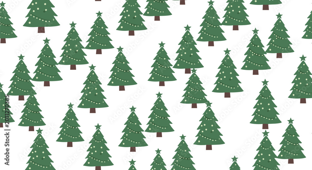 Obraz premium Seamless pattern of decorated green Christmas trees with stars on top creates a festive holiday atmosphere for wrapping paper and textiles.