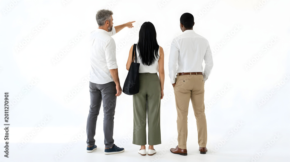Fototapeta premium Navigating the Future: A group of professionals, seen from behind, are engaged in a shared moment of direction and discussion. A leader points ahead.