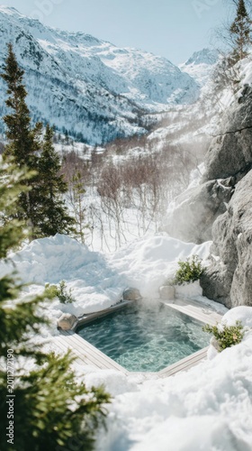 People relax in a hot spring during winter in the mountains. Steam rises from the warm water. Snow covers the ground and trees. The scene shows a bright and sunny day in nature