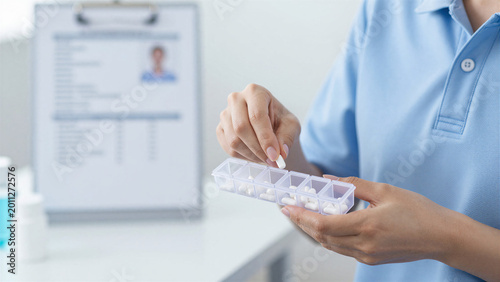 Refilling Daily Pill Organizer in Professional Care Setting, Copy space on the left