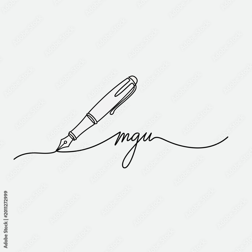 Obraz premium Fountain pen drawing elegant signature on white background, minimalist line art
