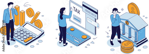 Obraz na plátne Isometric Financial Management Vector Set With Characters Calculating Tax Paying