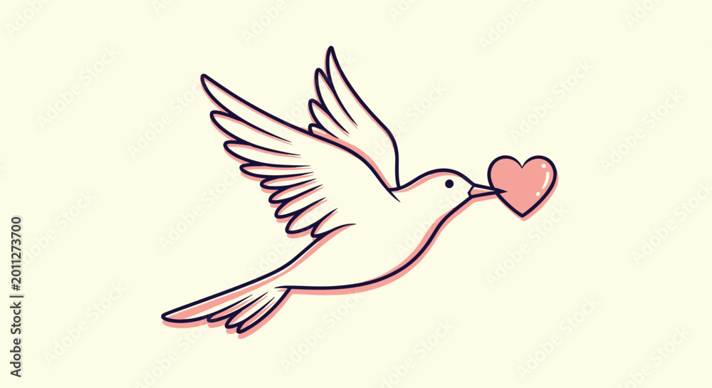 Obraz premium White dove flying gracefully while carrying a small pink heart in its beak against a soft cream colored background.