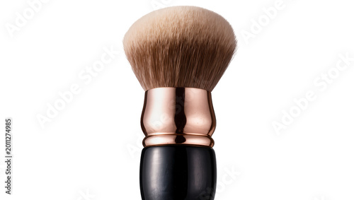 Photography Fluffy makeup powder brush with rose gold ferrule and black handle, isolated on