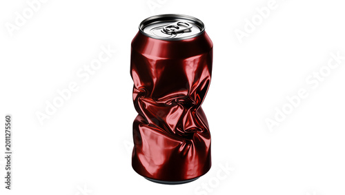 Crushed metallic red soda can dented and deformed, isolated on transparent background