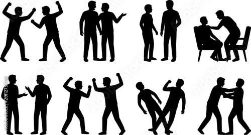 Bild auf Leinwand Vector Silhouette Set of People in Conflict Featuring Arguments, Physical Fighti