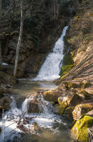 The waterfall on the Tiber River near its source, the Roman river.  Verghereto, Emilia Romagna, Italy