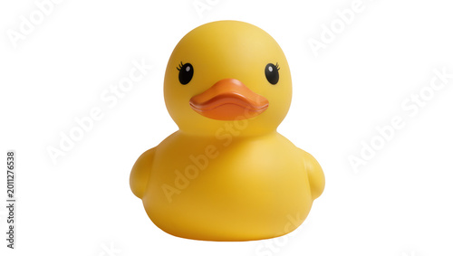 Cute yellow rubber duck toy with orange beak, isolated on transparent background