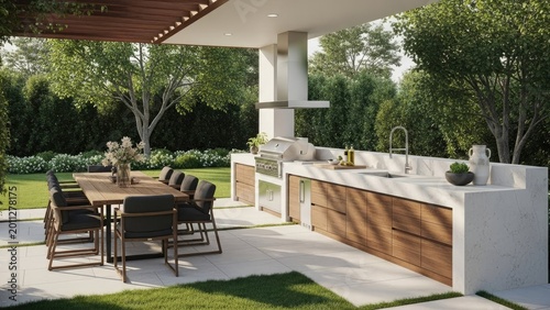 Modern outdoor kitchen and dining area on patio with natural lighting