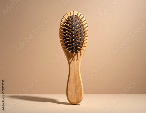 The refined wooden hairbrush with natural bristles stands isolated on a soft beige surface