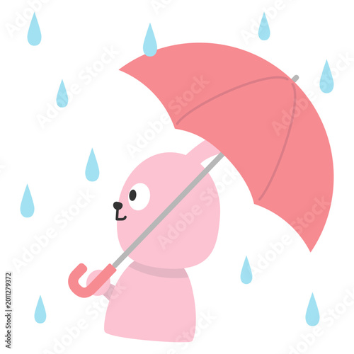 雨が降るなか傘を差して歩くウサギのイラスト