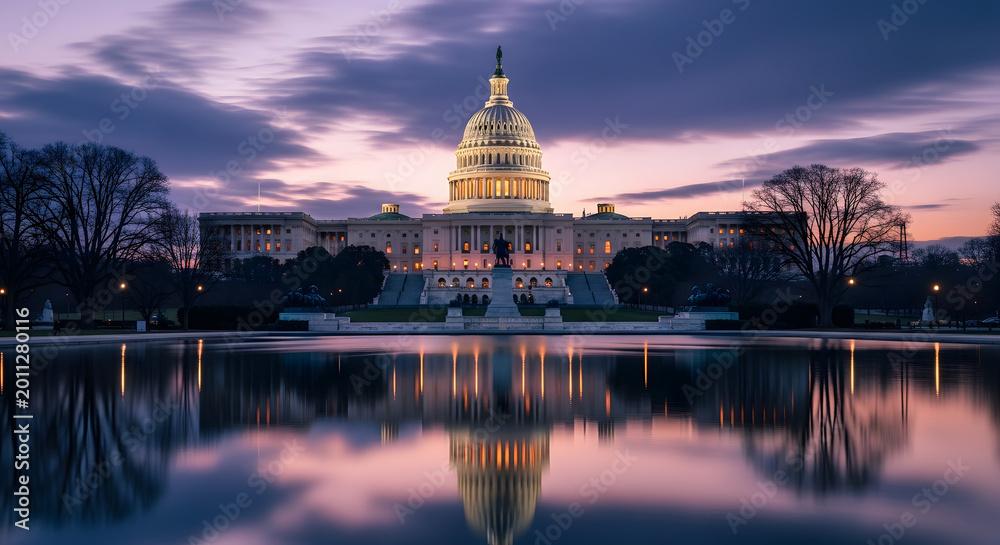 Obraz premium The United States Capitol Building illuminated at dusk, reflected in the calm waters of its reflecting pool.