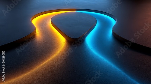 Two glowing paths diverging in a dark minimal space, warm gold and cool blue contrast visualizing choice, opportunity and contrasting business strategies