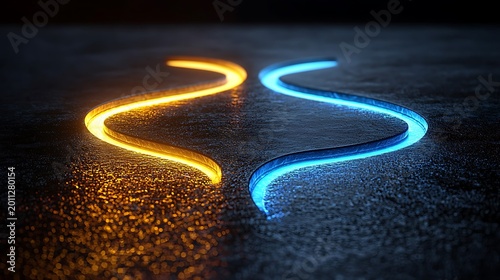 Top view of two glowing curved paths diverging on a dark minimal surface, warm gold and cool blue contrast representing strategic decision making and business direction