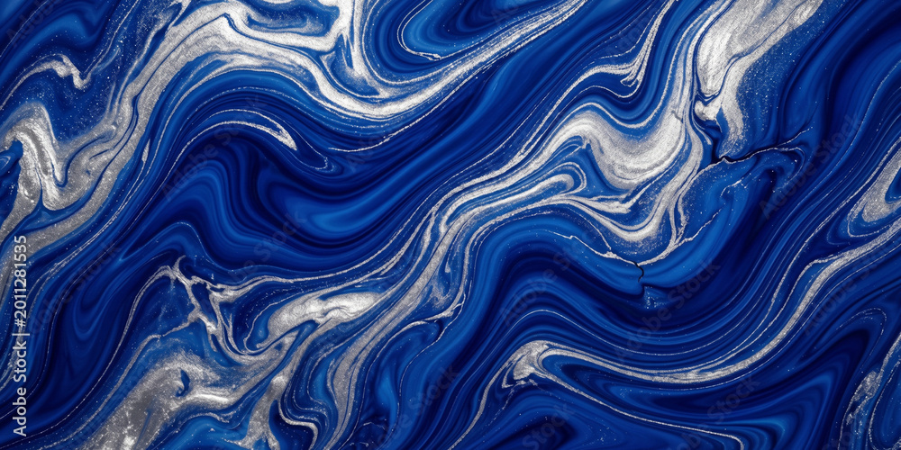 Obraz premium A 3D fluid art wallpaper featuring a blue abstract background with flowing liquid waves and a metallic silver swirl design