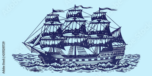 Billede på lærred historic sailing ship illustration on blue background
