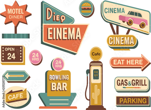 Set of vintage roadside signs and mid-century retro billboards, nostalgia motel cinema and diner icons isolated on white