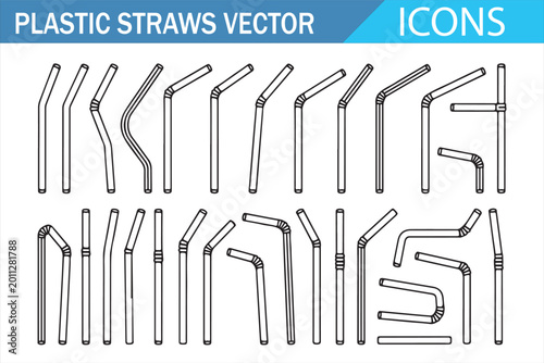 Obraz na plátně Plastic straw icons collection with straight and bendy drinking tubes