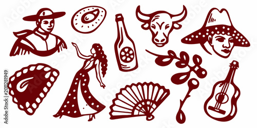 Bild auf Leinwand spanish culture icons red silhouette illustrations on white background