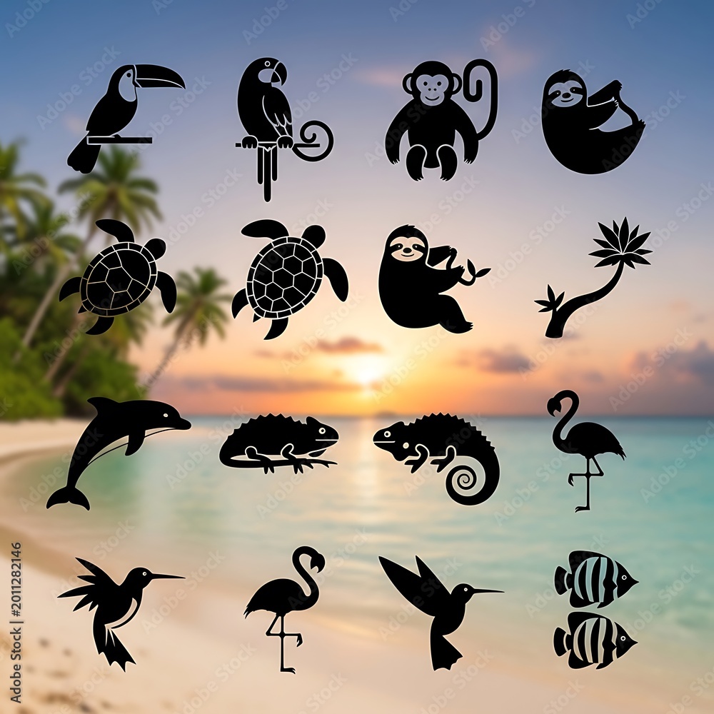 Fototapeta premium Tropical beach with animal silhouettes.