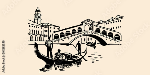 Fotografia venice canal scene black ink sketch showing gondolas and bridge