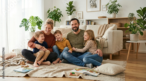 Happy family of five sitting on the floor in a modern living room. Smiling parents with three children bonding at home. Caucasian mother and father with kids laughing together