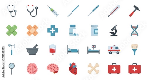 flat design medical healthcare icons set with stethoscope ambulance first aid and wellness symbols vector illustration