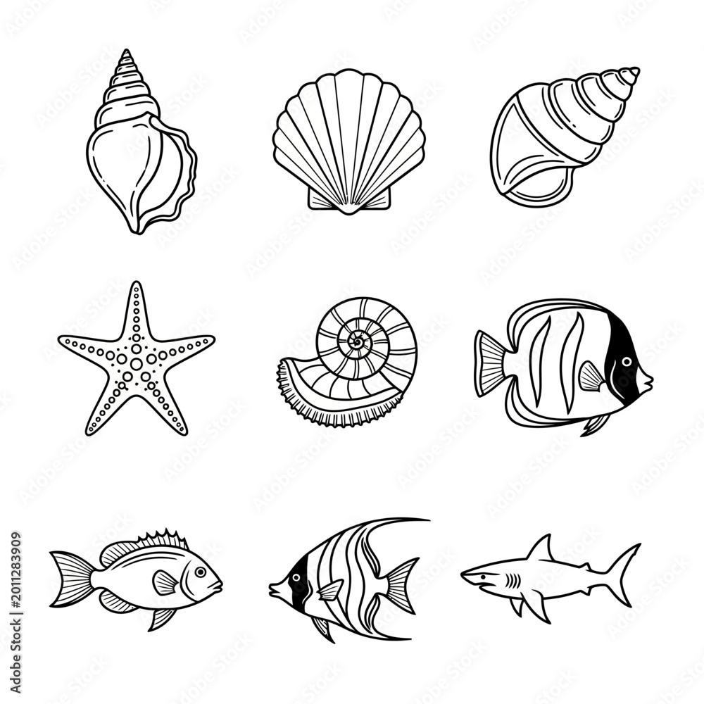 Obraz premium Hand-Drawn Ocean Life Icons: Seashells, Starfish, and Tropical Fish Collection