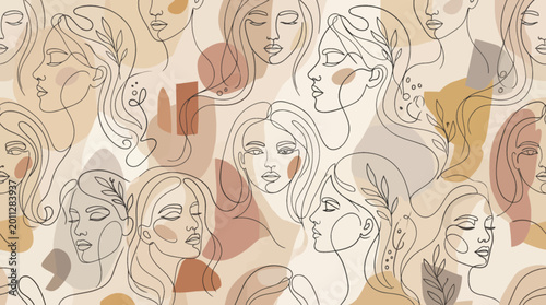 Seamless pattern with elegant woman face line art and abstract organic shapes in earthy tones