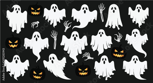 Tableau sur toile A playful collection of white cartoon ghosts, glowing jack-o'-lantern pumpkins, and skeletal hands isolated on a dark background